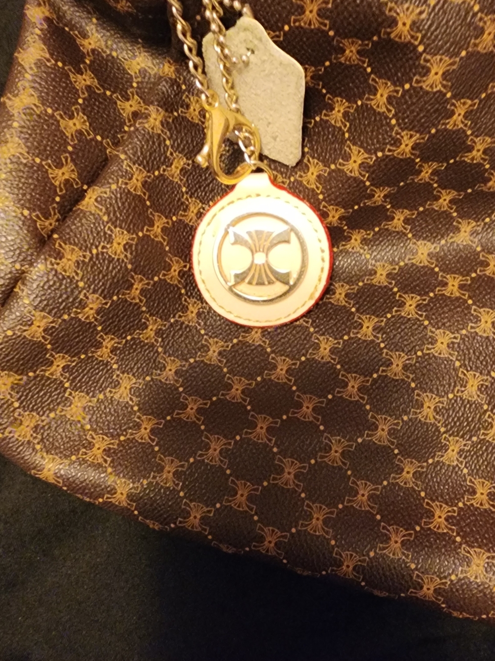 Women's Brown Monogram Pattern Satchel with White Handle - Picture 4 of 9
